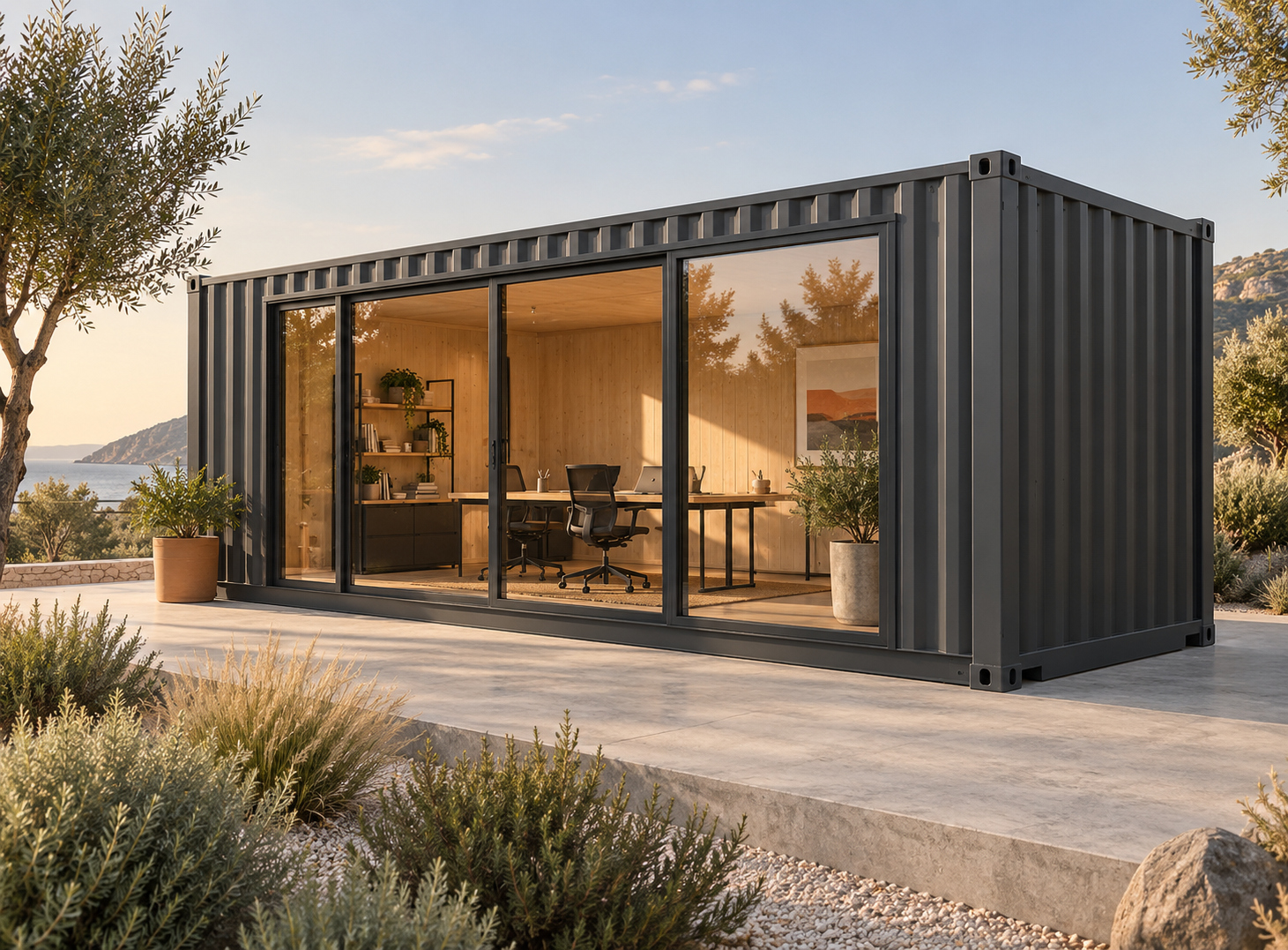 Illustrazione di un container modificato come spazio di lavoro
